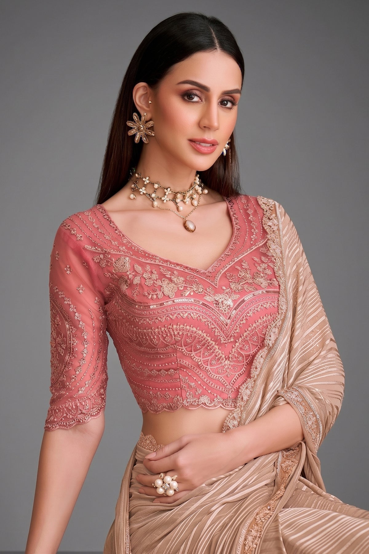 Beige and Golden Shaded Georgette Saree with Sequin Embellished Scallop Border - gold georgette saree