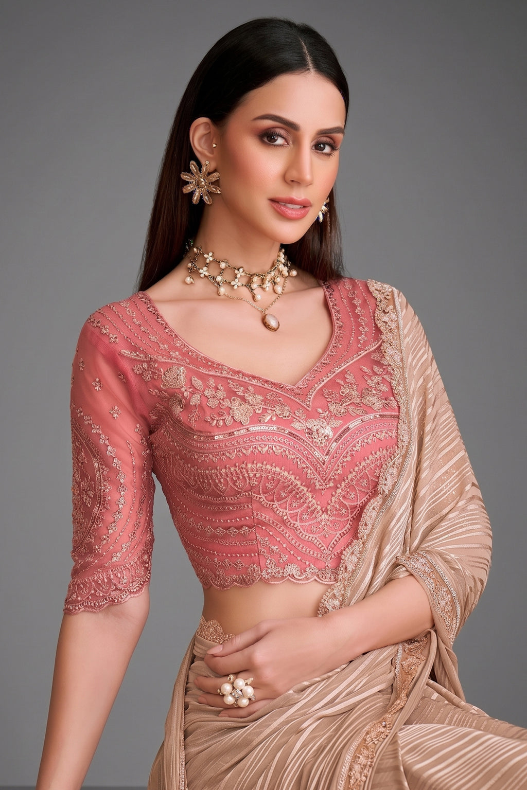 Beige and Golden Shaded Georgette Saree with Sequin Embellished Scallop Border - gold georgette saree