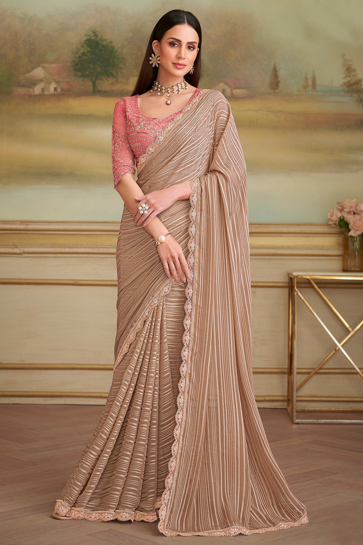 Beige and Golden Shaded Georgette Saree with Sequin Embellished Scallop Border - gold georgette saree