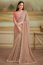 Beige and Golden Shaded Georgette Saree with Sequin Embellished Scallop Border - gold georgette saree