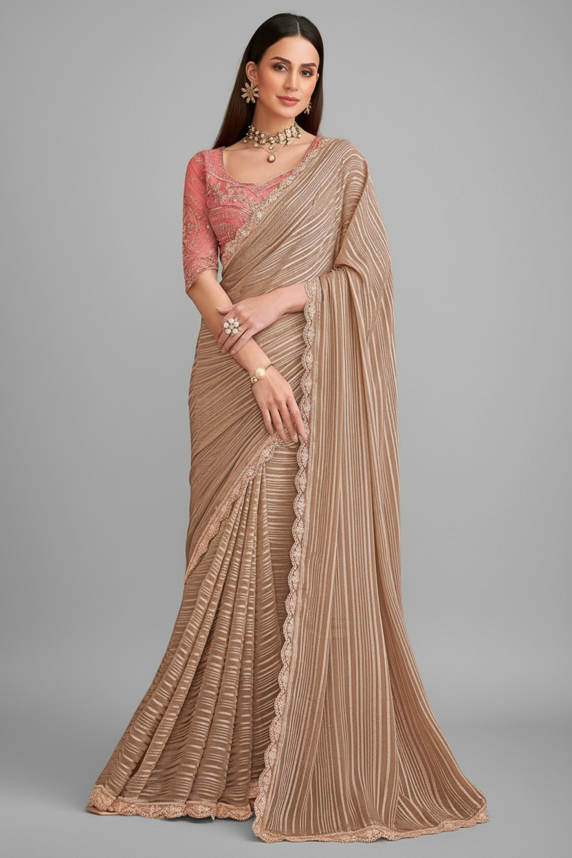 Beige and Golden Shaded Georgette Saree with Sequin Embellished Scallop Border - gold georgette saree Main image
