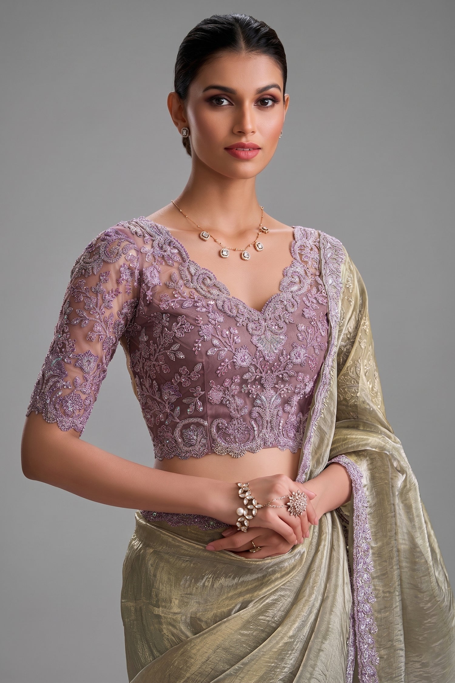 Light Purple and Golden Two Toned Glass Tissue Saree with Sequin Embellished Scallop Border - gold saree