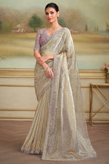 Light Purple and Golden Two Toned Glass Tissue Saree with Sequin Embellished Scallop Border - gold saree