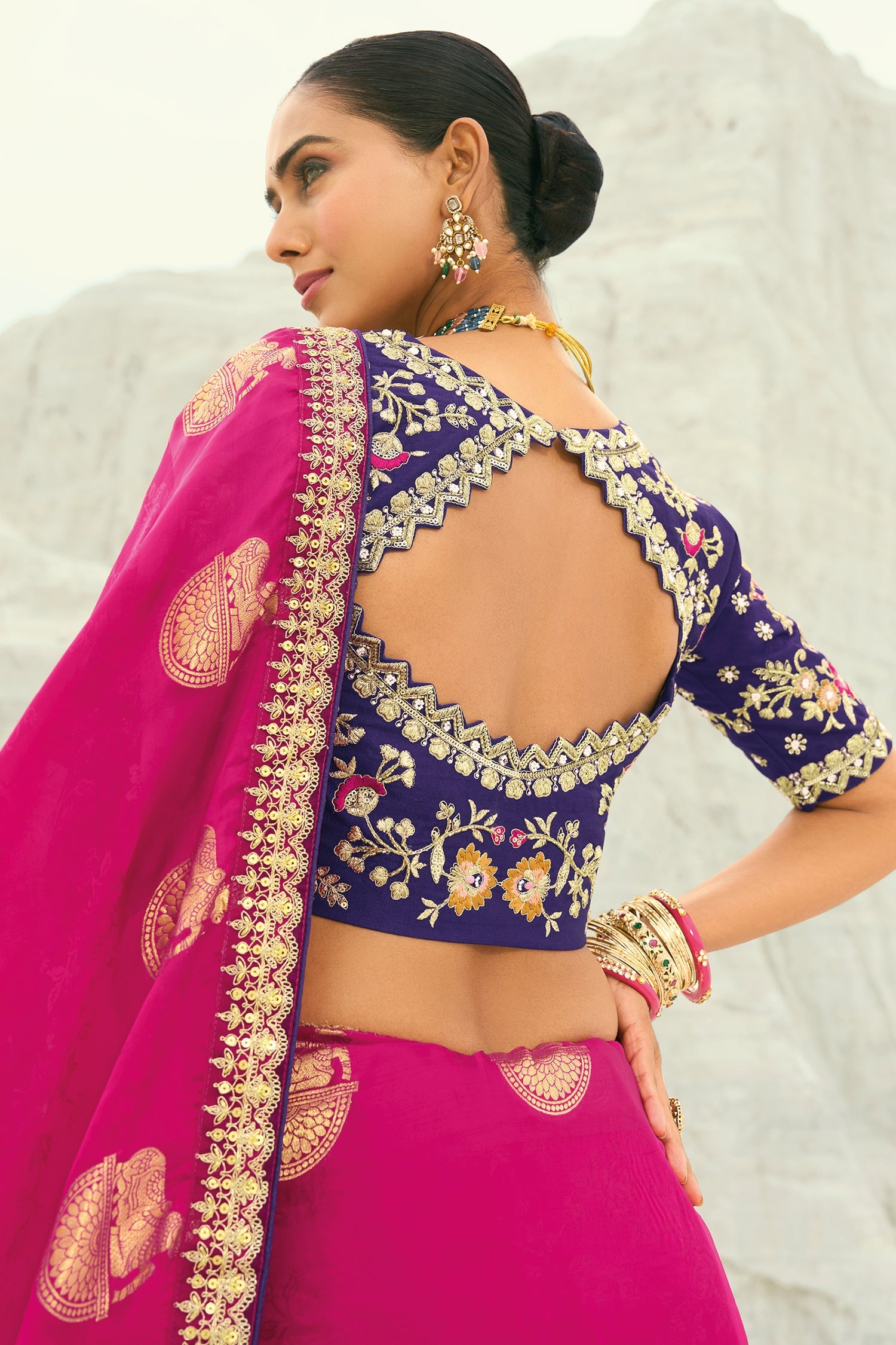 Dark Pink Viscose Woven Butta Saree with Embroidery Border - pink viscose saree embroidery