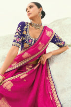 Dark Pink Viscose Woven Butta Saree with Embroidery Border - pink viscose saree embroidery