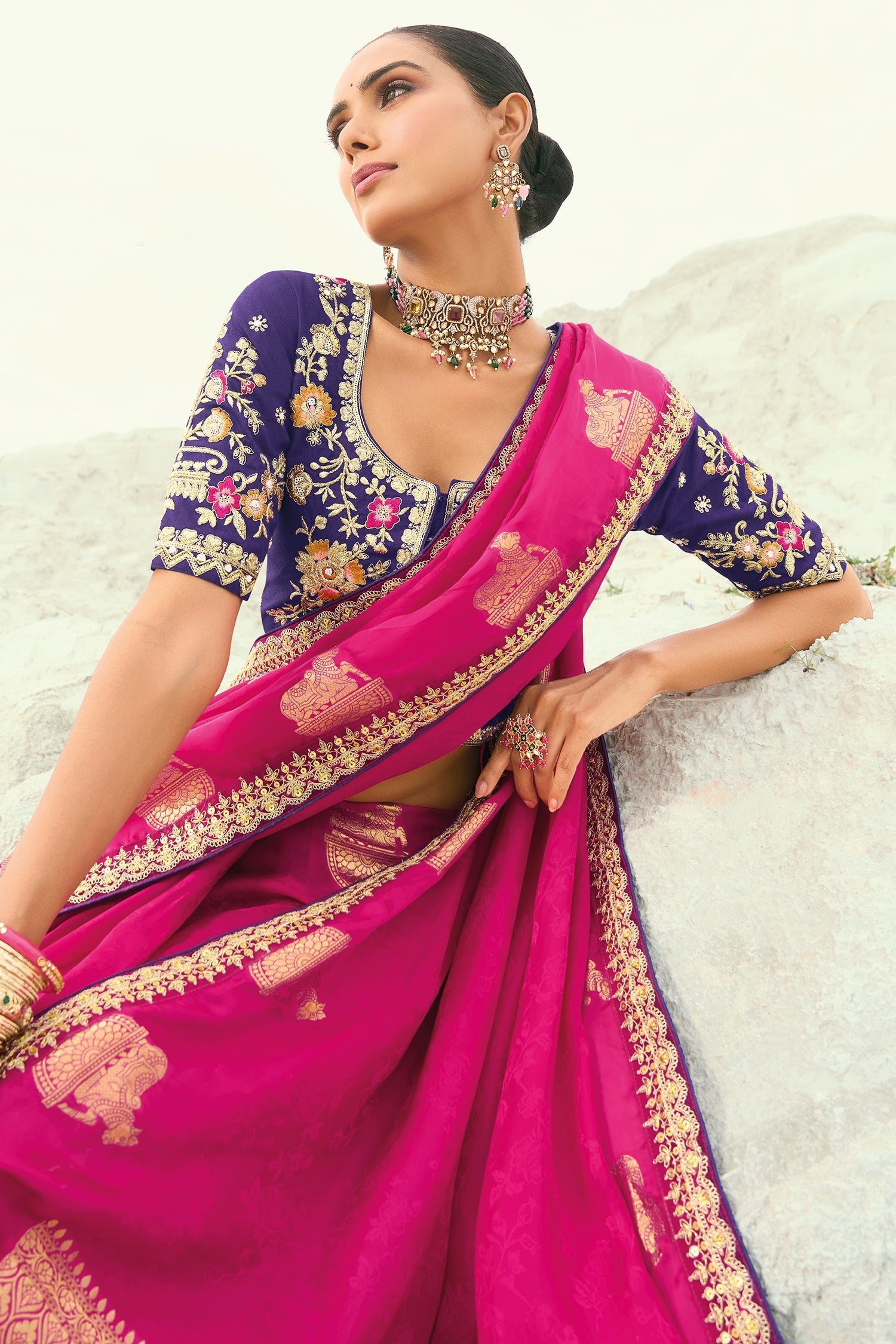 Dark Pink Viscose Woven Butta Saree with Embroidery Border - pink viscose saree embroidery