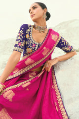 Dark Pink Viscose Woven Butta Saree with Embroidery Border