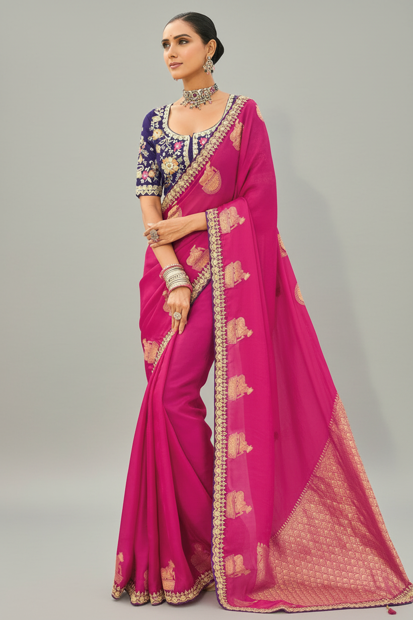 Dark Pink Viscose Woven Butta Saree with Embroidery Border - pink viscose saree embroidery Main image