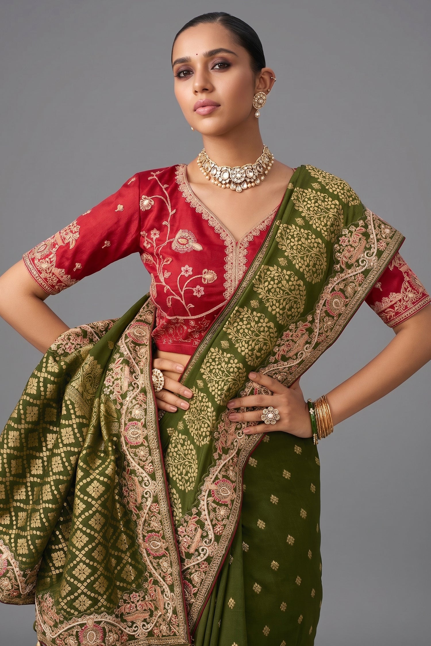 Olive Green Viscose Woven Saree with Embroidery Border - green viscose saree embroidery