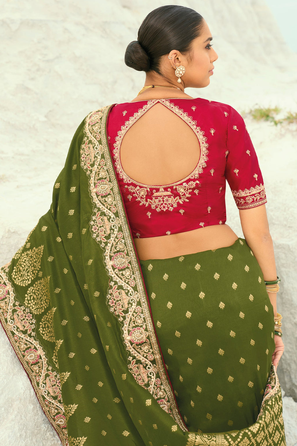 Olive Green Viscose Woven Saree with Embroidery Border - green viscose saree embroidery