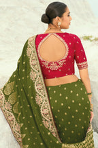 Olive Green Viscose Woven Saree with Embroidery Border - green viscose saree embroidery
