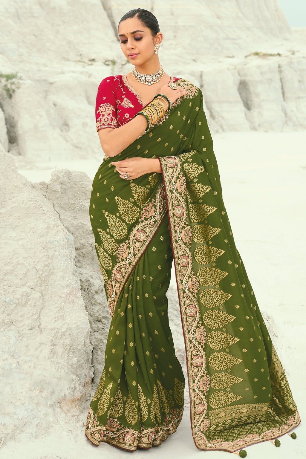 Olive Green Viscose Woven Saree with Embroidery Border - green viscose saree embroidery