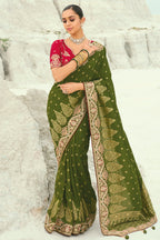 Olive Green Viscose Woven Saree with Embroidery Border - green viscose saree embroidery