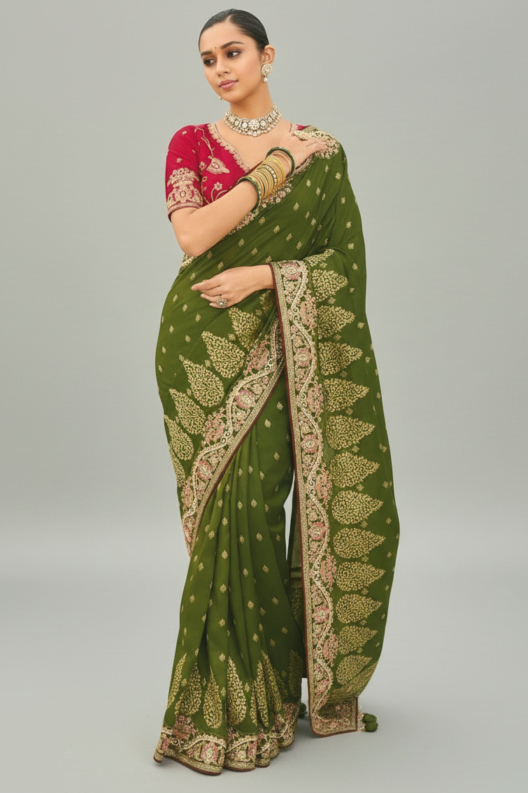 Olive Green Viscose Woven Saree with Embroidery Border - green viscose saree embroidery