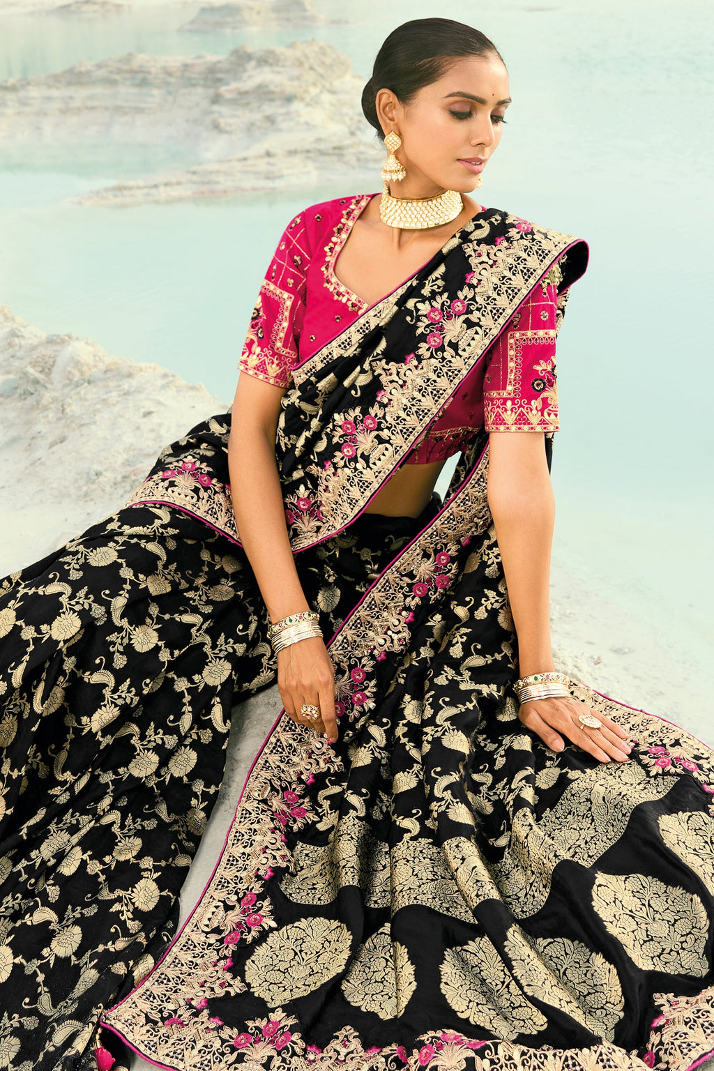 Black Viscose Woven Saree with Embroidery Border - black viscose saree embroidery