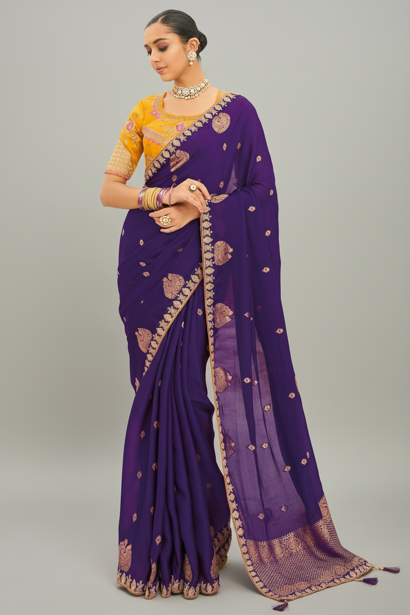 Dark Purple Viscose Woven Saree with Embroidery Border - purple viscose saree embroidery Main image