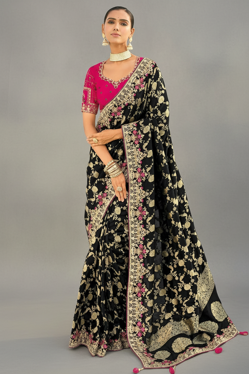 Black Viscose Woven Saree with Embroidery Border
