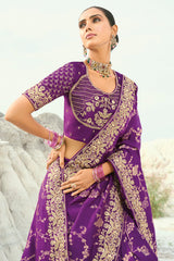 Purple Viscose Woven Saree with Embroidery Border