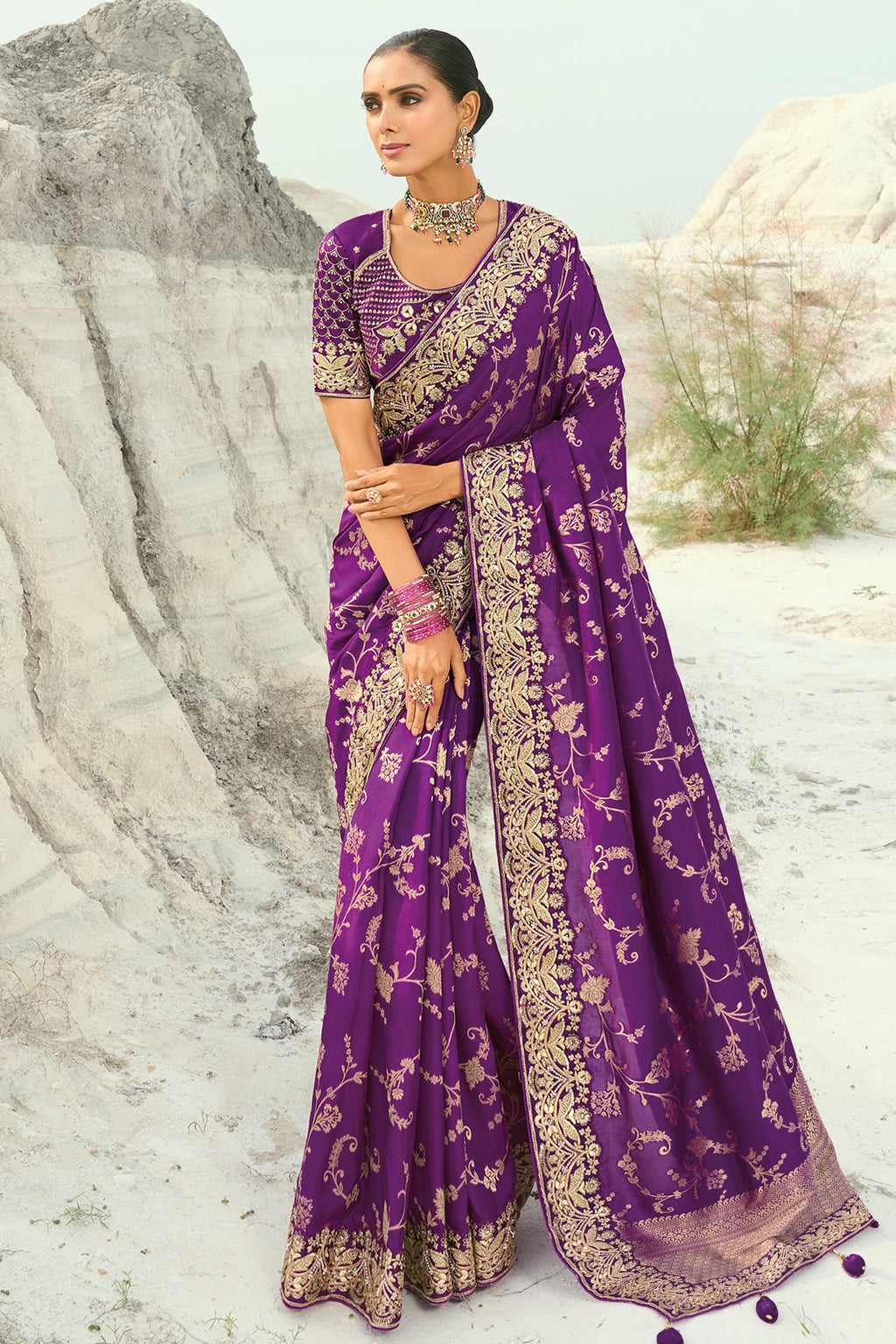 Purple Viscose Woven Saree with Embroidery Border - purple viscose saree embroidery
