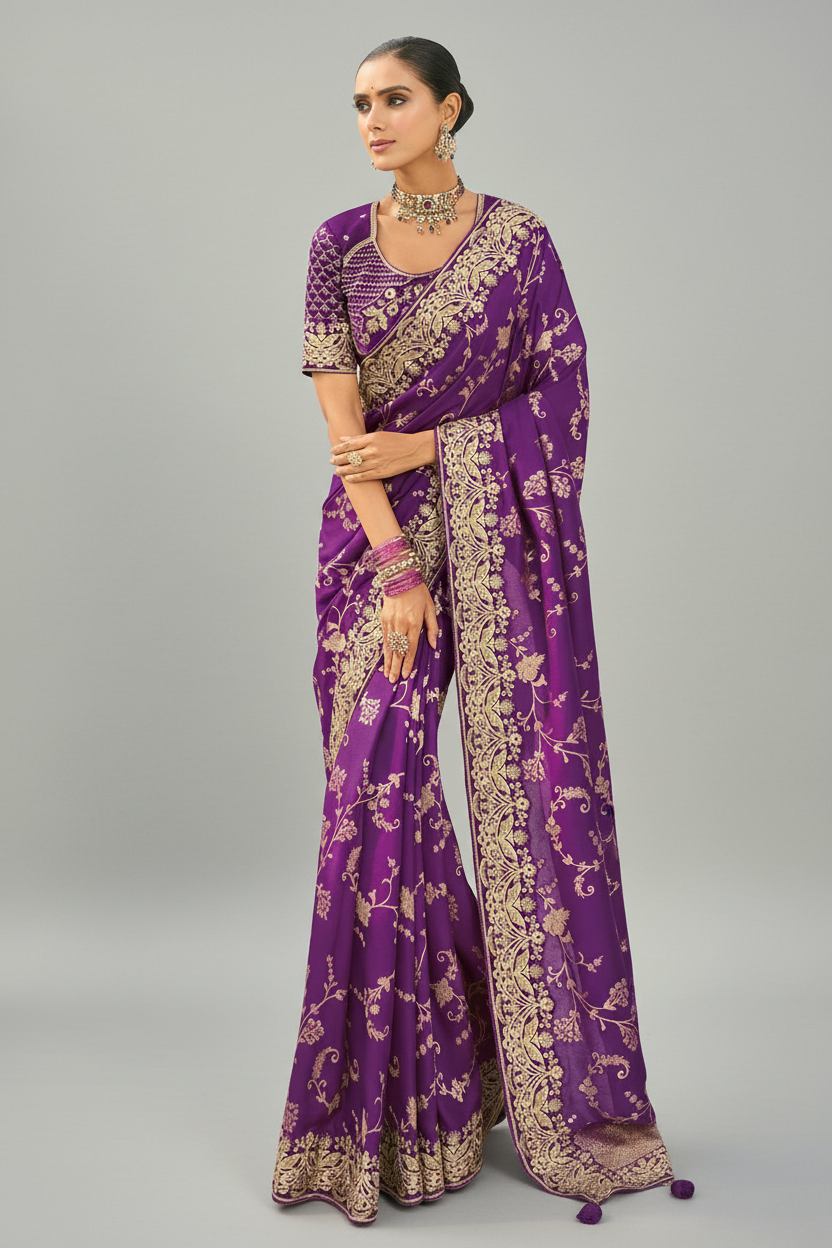 Purple Viscose Woven Saree with Embroidery Border