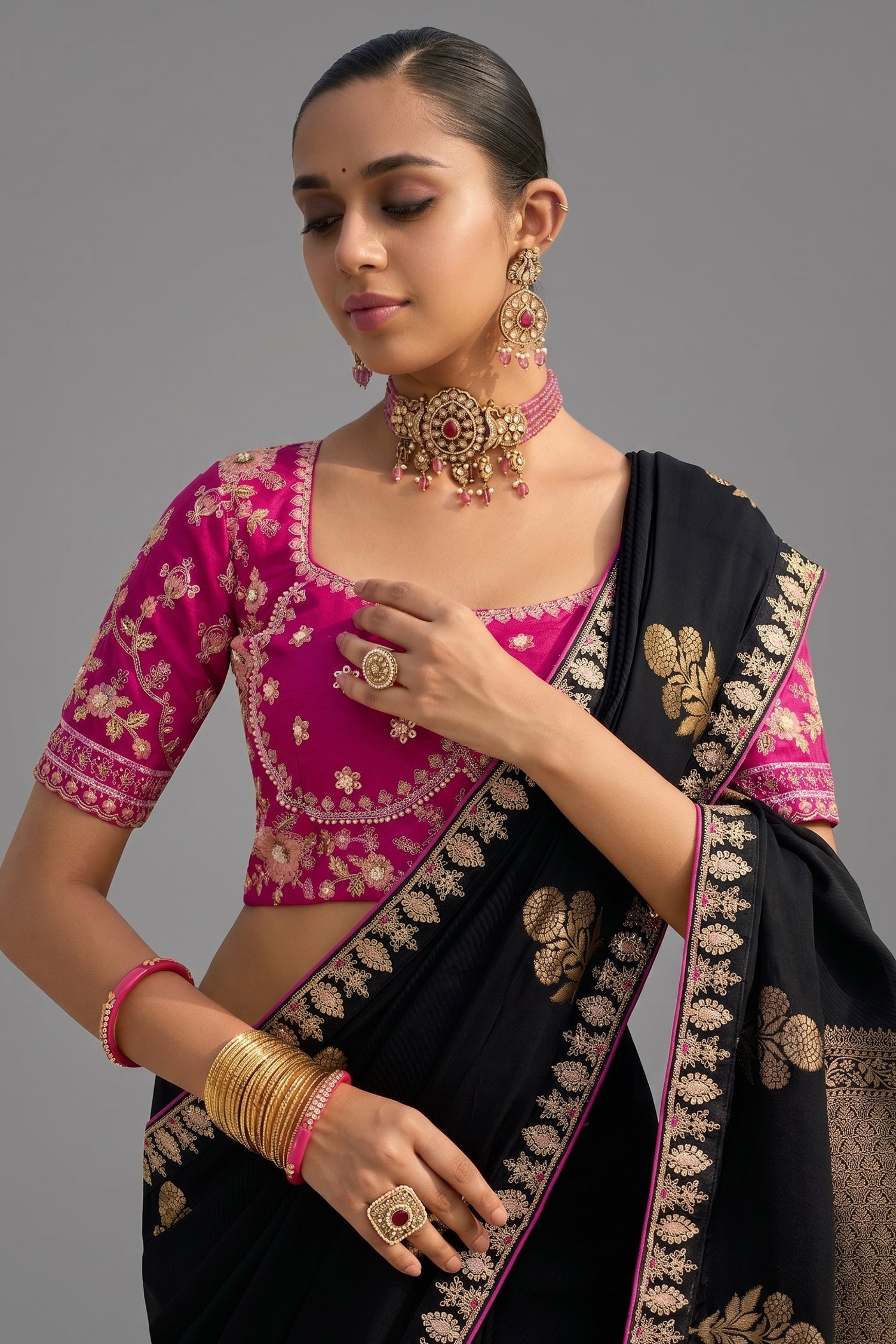 Black Viscose Woven Butta Saree with Embroidery Border - black viscose saree embroidery