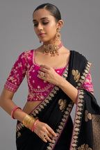 Black Viscose Woven Butta Saree with Embroidery Border - black viscose saree embroidery