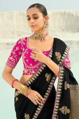 Black Viscose Woven Butta Saree with Embroidery Border
