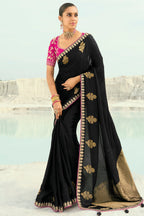 Black Viscose Woven Butta Saree with Embroidery Border - black viscose saree embroidery