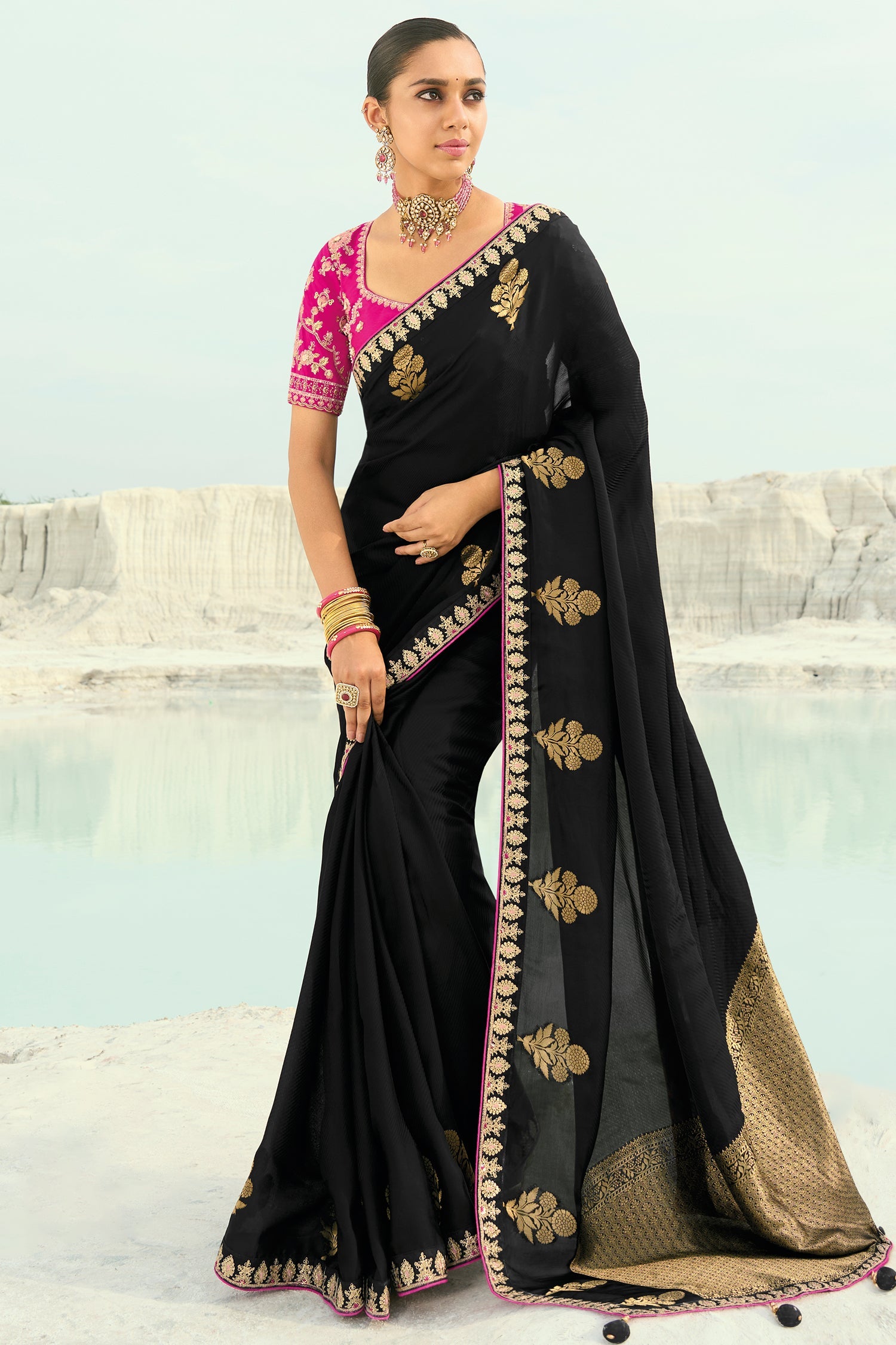 Black Viscose Woven Butta Saree with Embroidery Border - black viscose saree embroidery