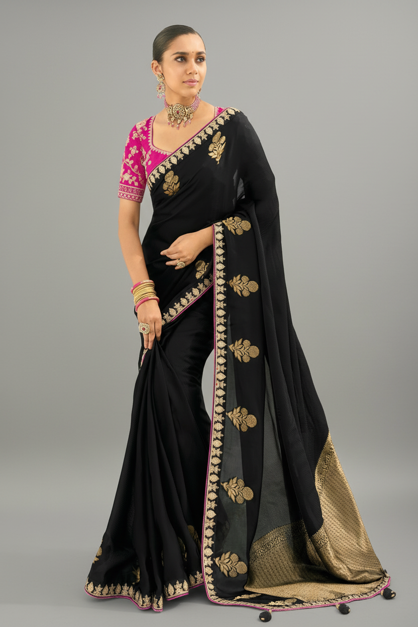 Black Viscose Woven Butta Saree with Embroidery Border - black viscose saree embroidery