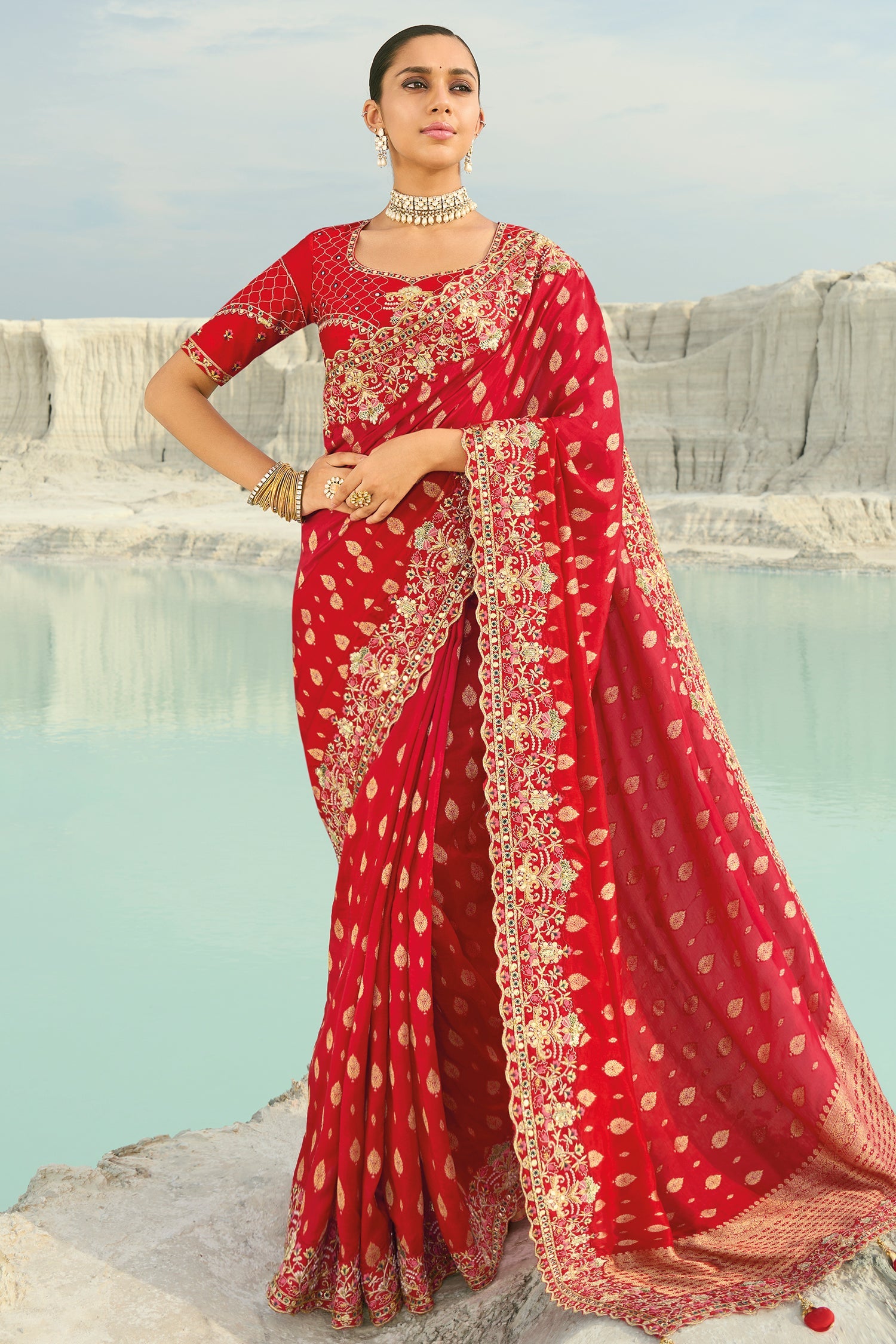 Red Viscose Woven Saree with Embroidery Border - red viscose saree embroidery