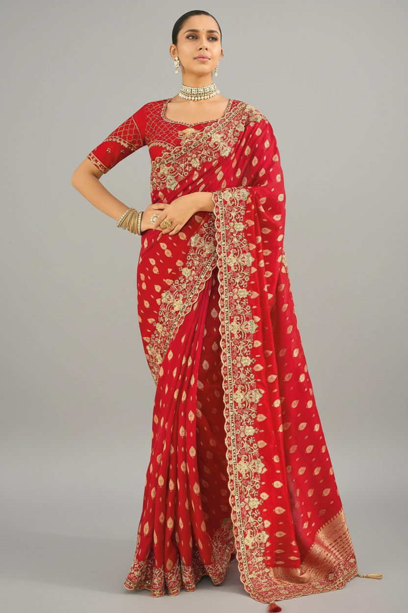 Red Viscose Woven Saree with Embroidery Border - red viscose saree embroidery