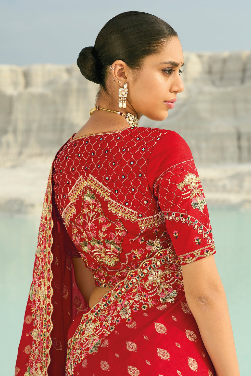 Red Viscose Woven Saree with Embroidery Border - red viscose saree embroidery