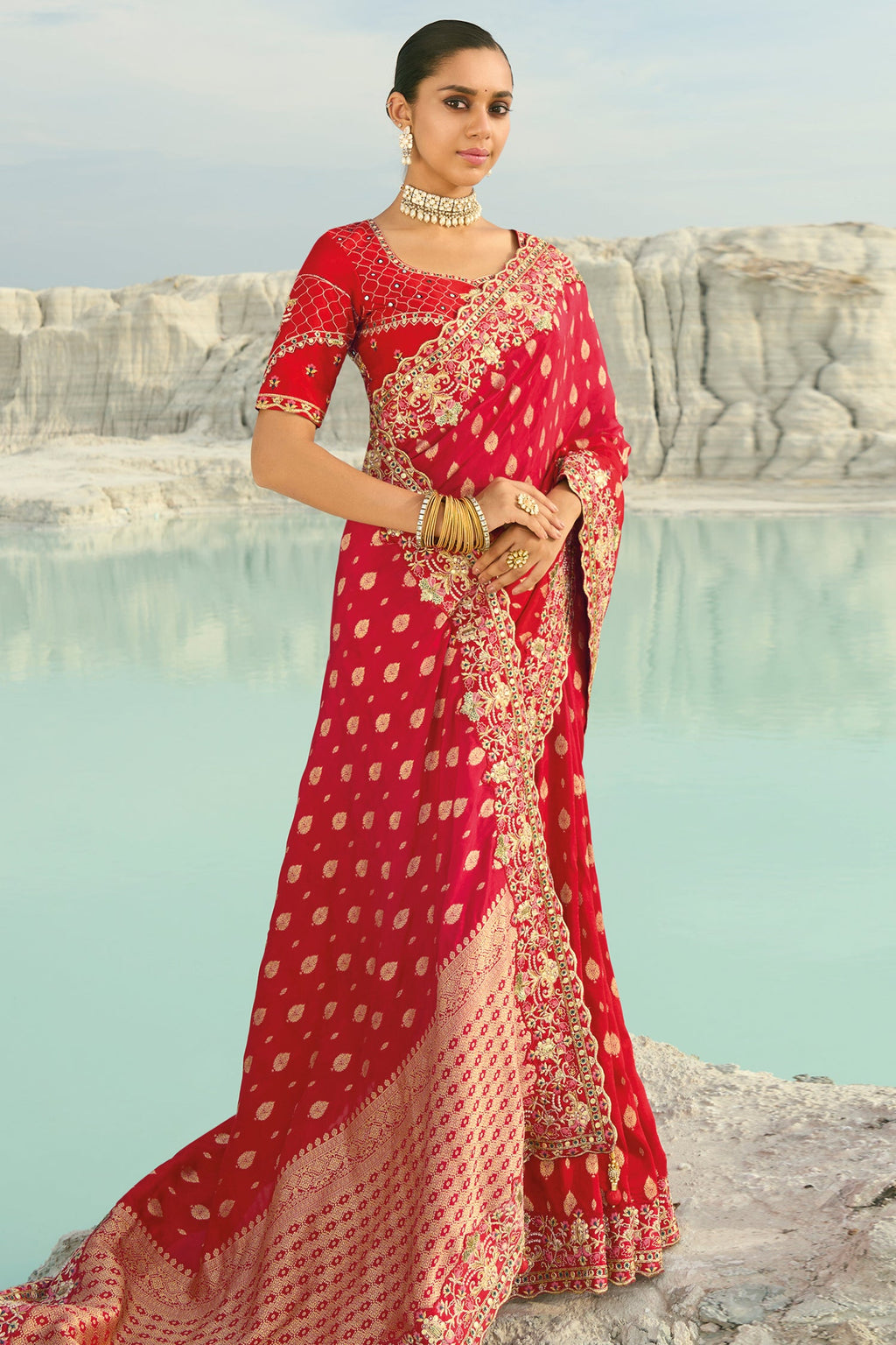 Red Viscose Woven Saree with Embroidery Border - red viscose saree embroidery