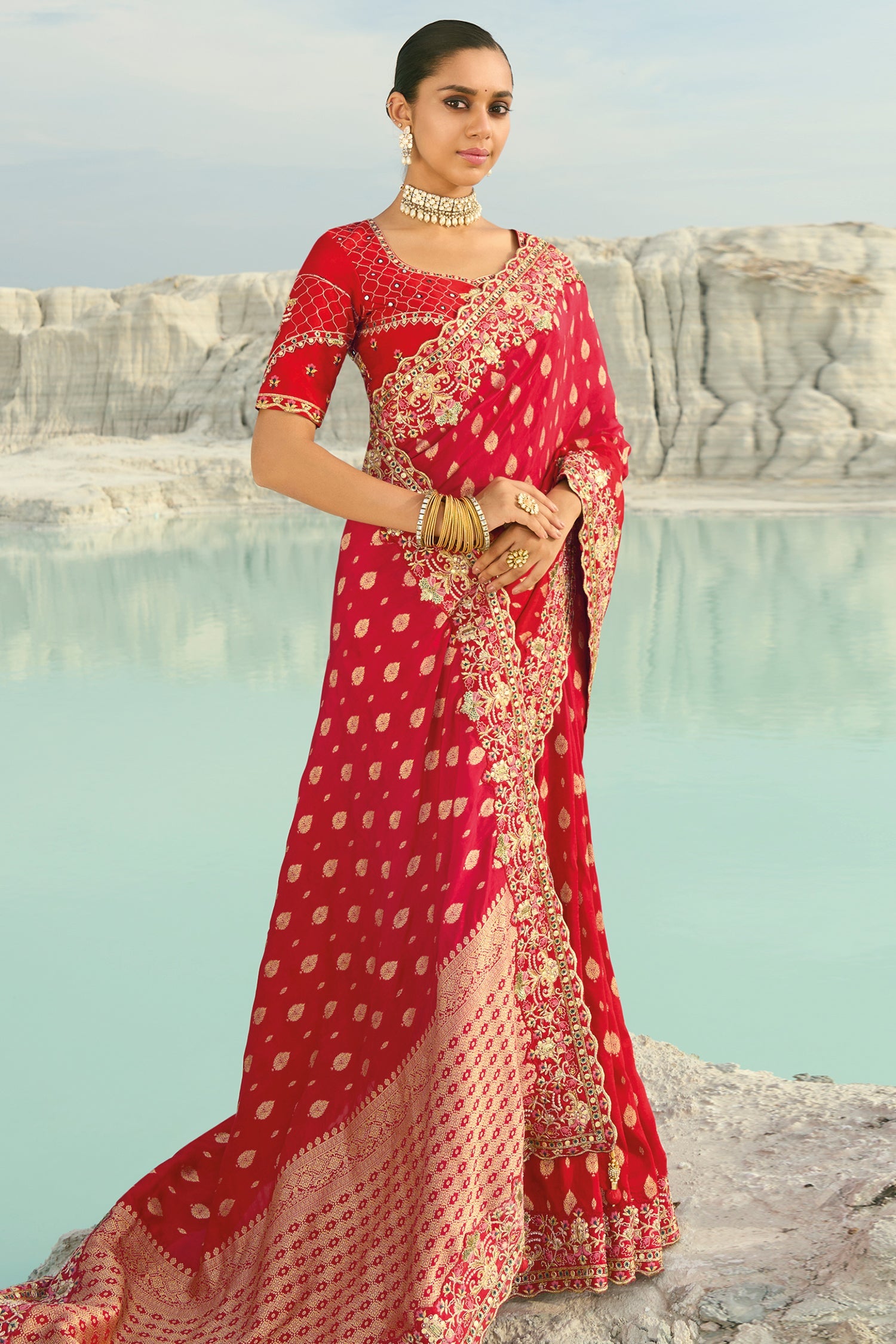 Red Viscose Woven Saree with Embroidery Border - red viscose saree embroidery