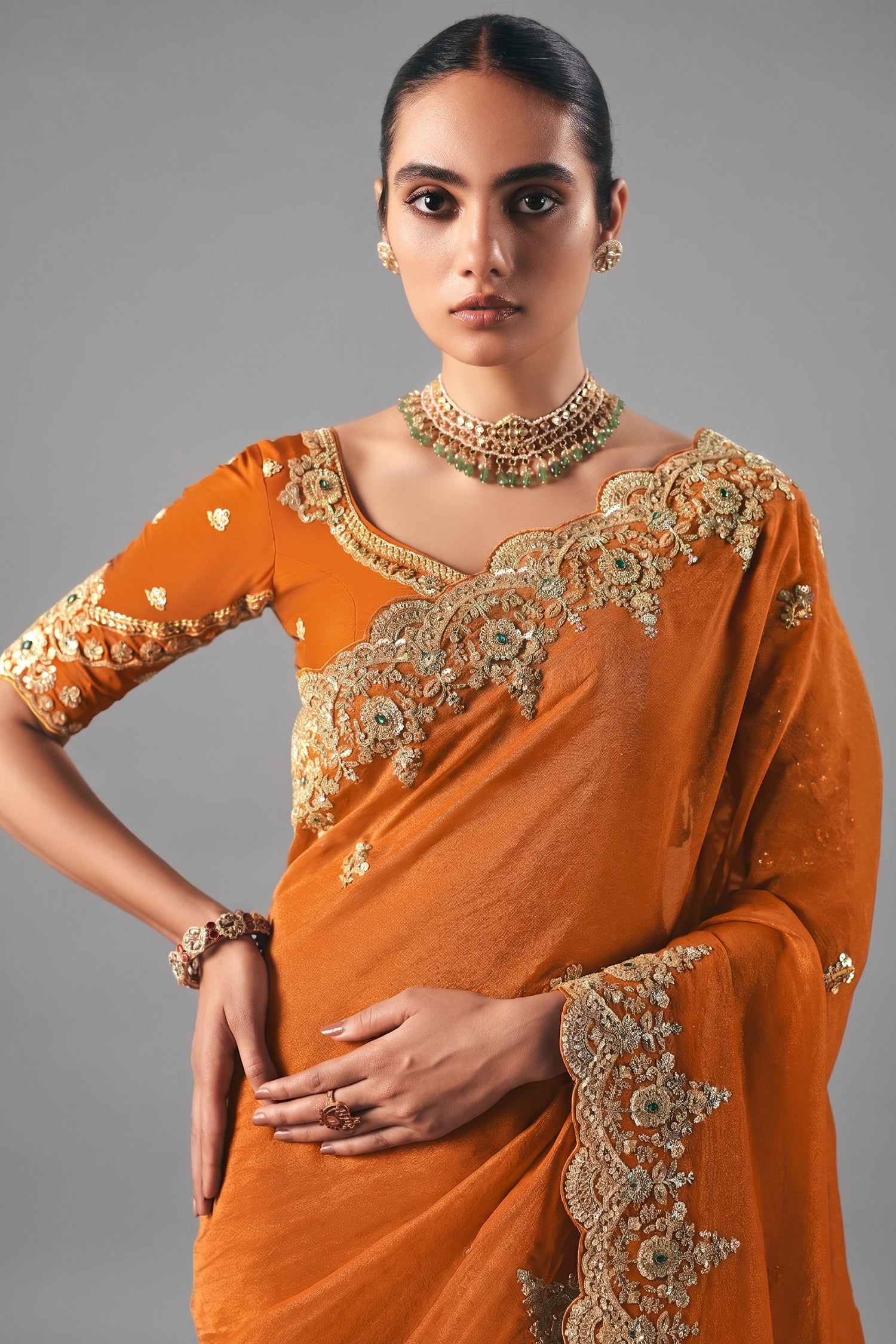 Orange Tissue Saree with Sequin and Embroidered Border Secondary image