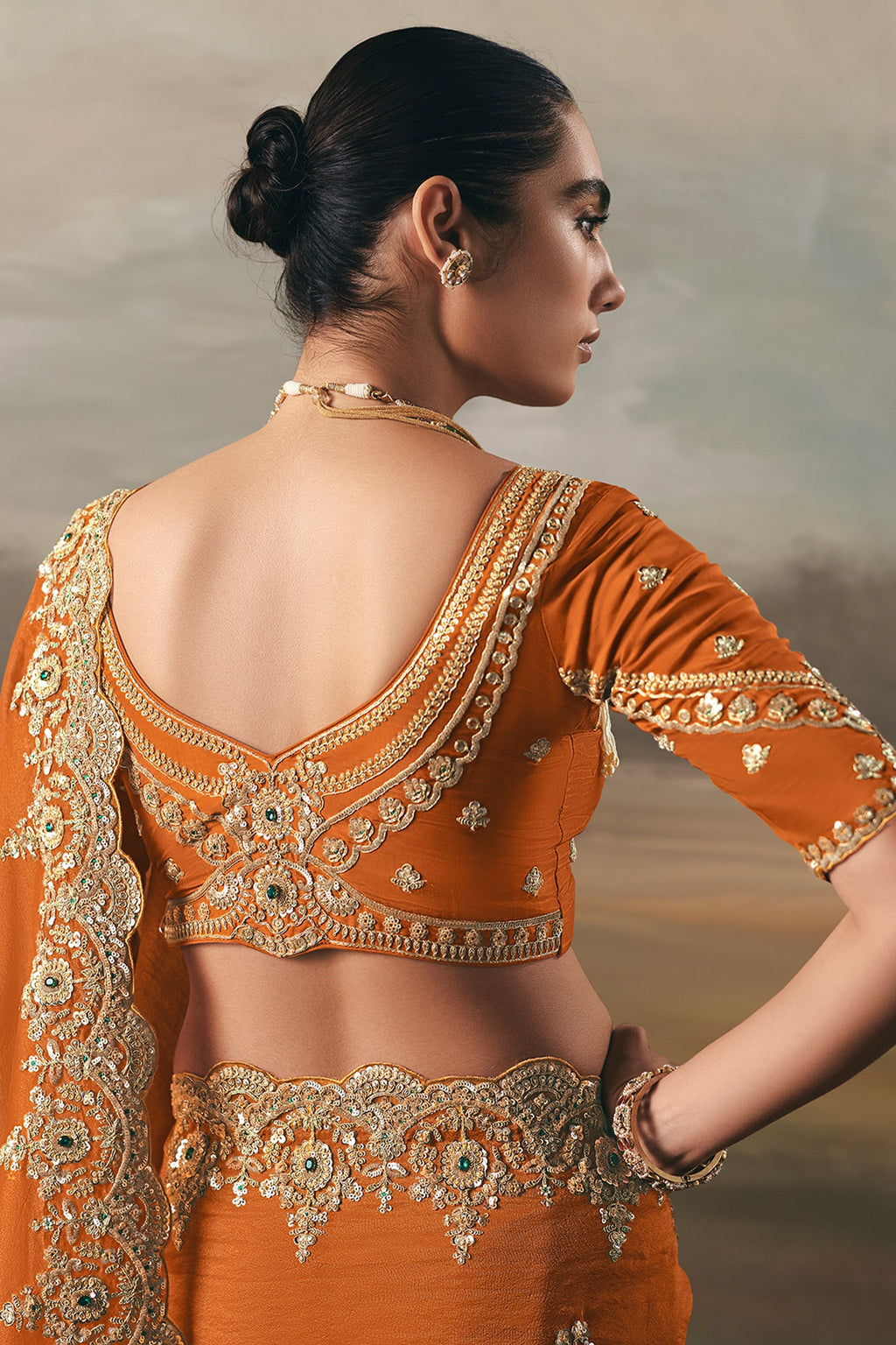 Orange Tissue Saree with Sequin and Embroidered Border - red saree embroidered