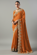 Orange Tissue Saree with Sequin and Embroidered Border - red saree embroidered