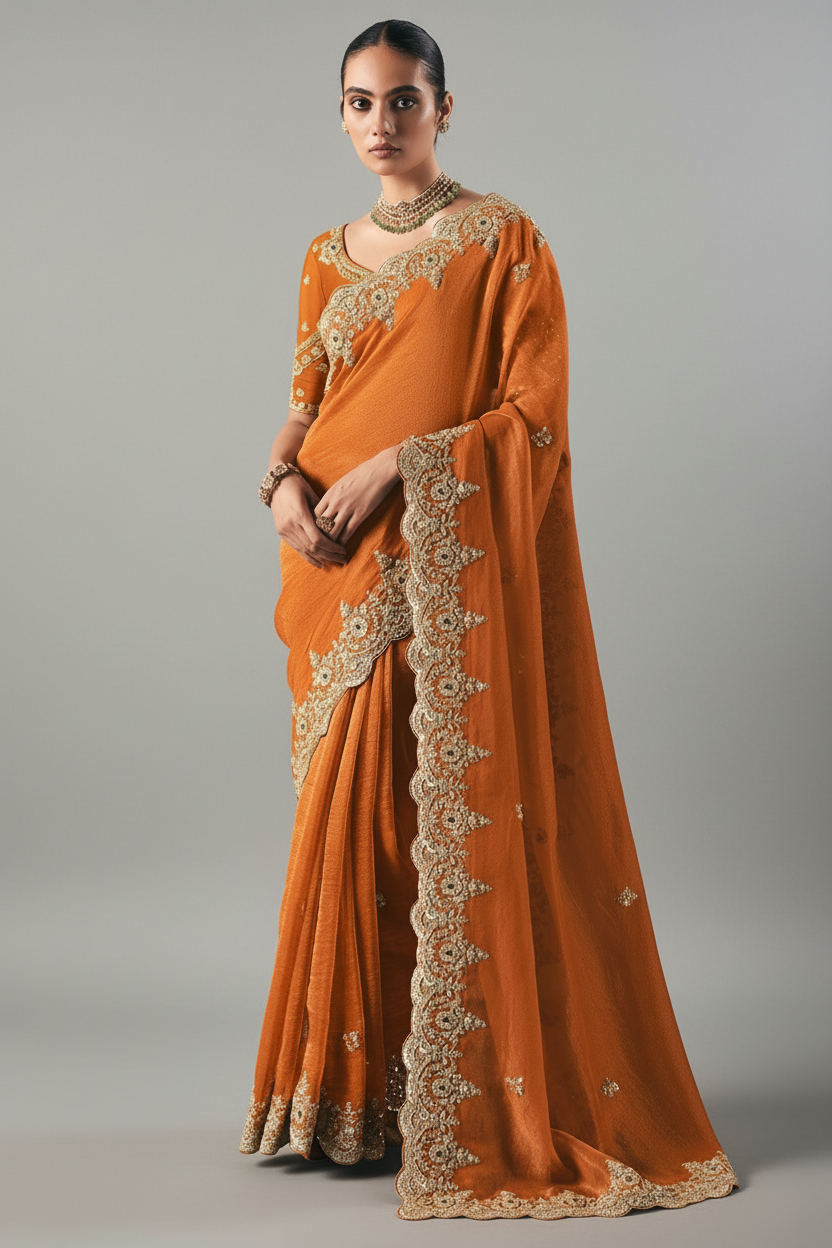 Orange Tissue Saree with Sequin and Embroidered Border - red saree embroidered