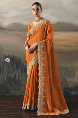 Orange Tissue Saree with Sequin and Embroidered Border - red saree embroidered