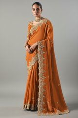 Orange Tissue Saree with Sequin and Embroidered Border - red saree embroidered