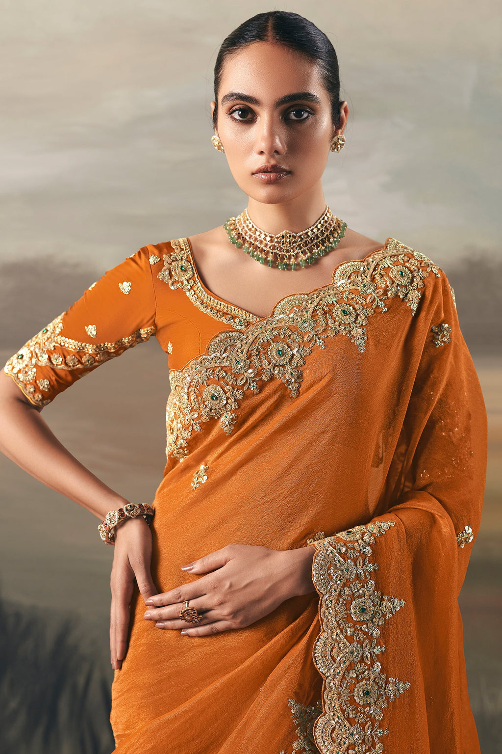 Orange Tissue Saree with Sequin and Embroidered Border - red saree embroidered