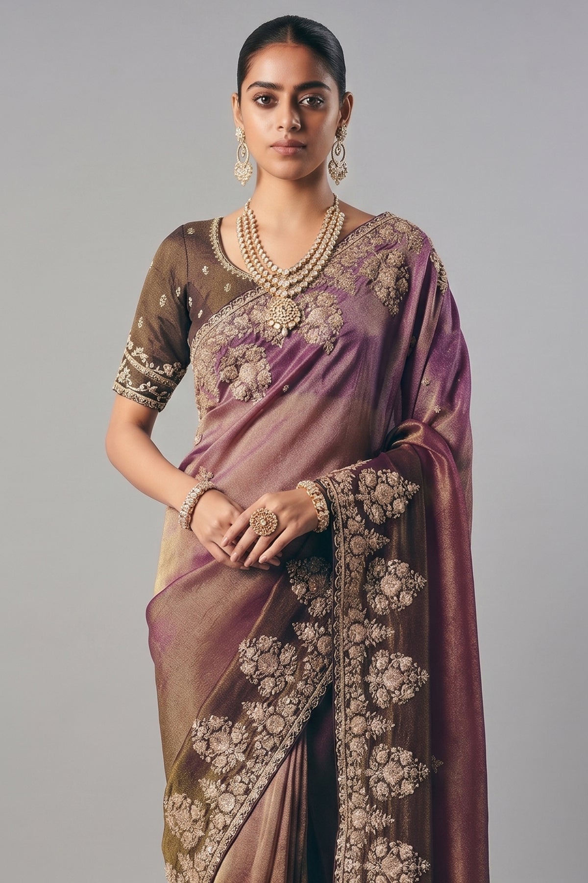 Brown and Purple Tissue Saree with Sequin and Embroidered Border - red saree embroidered
