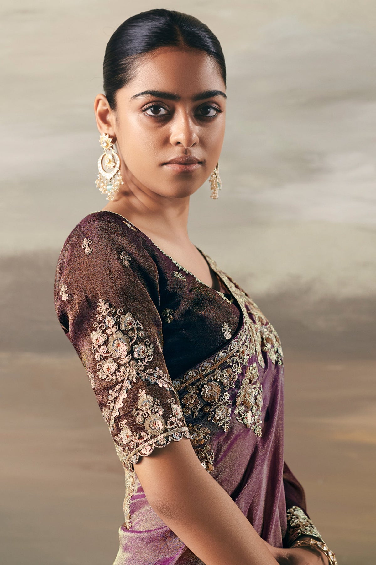 Brown and Purple Tissue Saree with Sequin and Embroidered Border - red saree embroidered