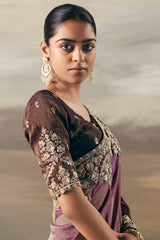 Brown and Purple Tissue Saree with Sequin and Embroidered Border - red saree embroidered