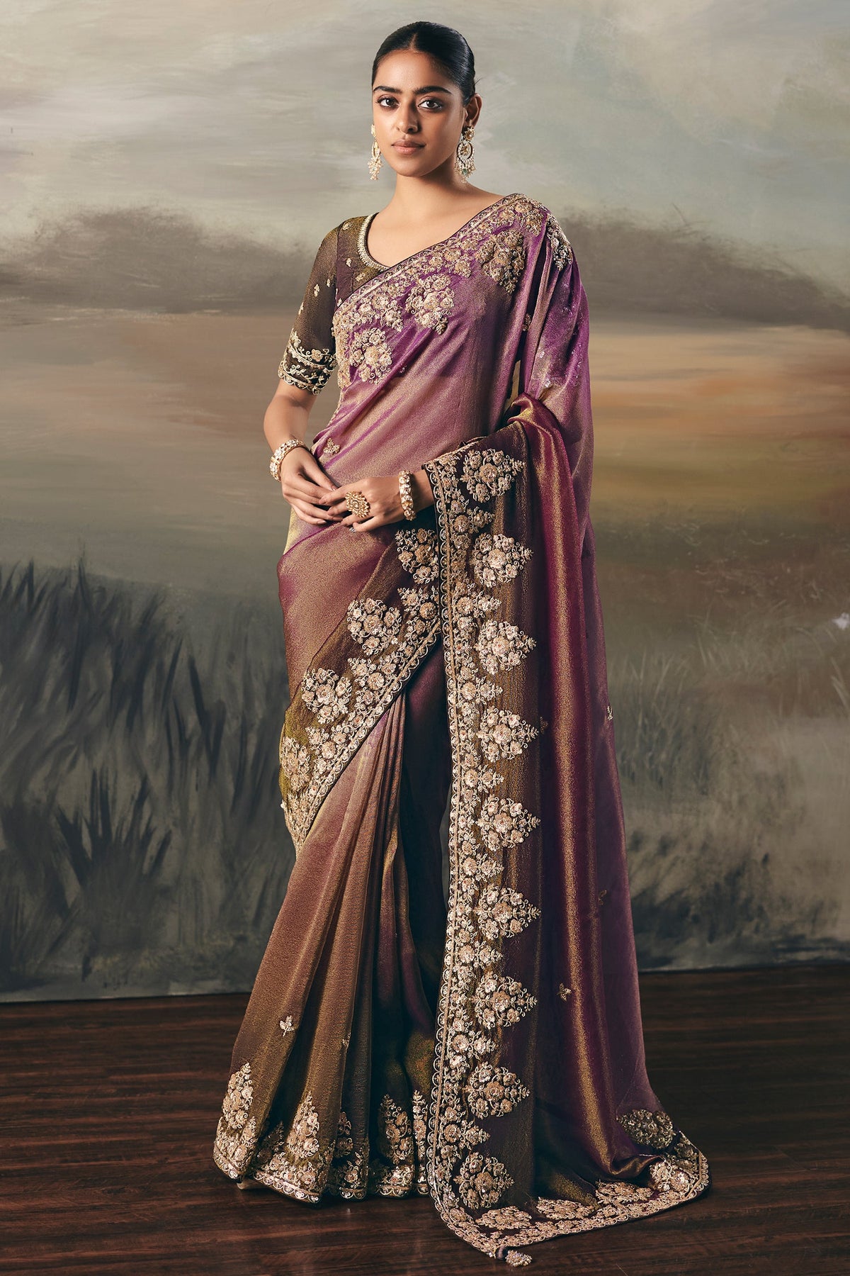 Brown and Purple Tissue Saree with Sequin and Embroidered Border - red saree embroidered