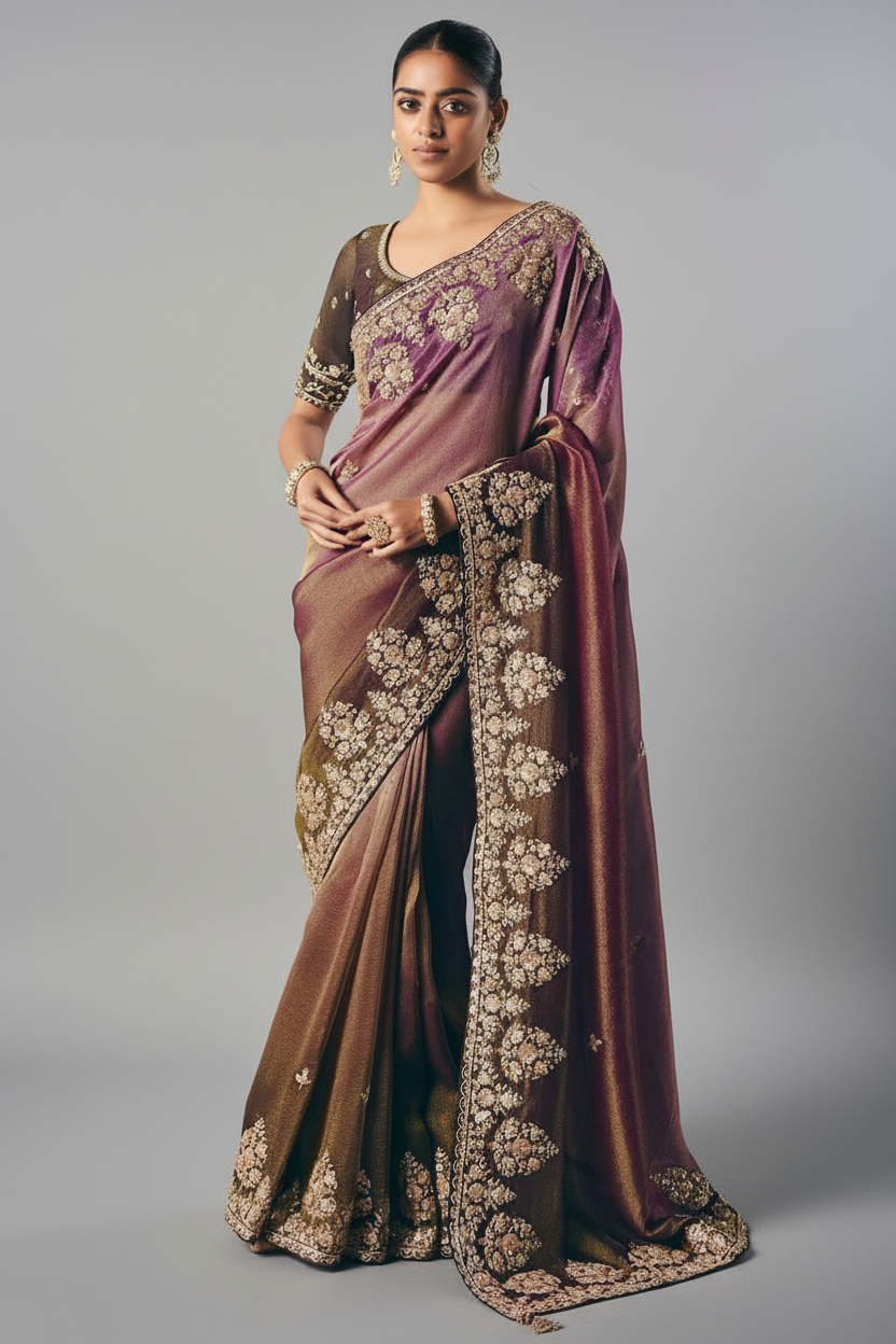 Brown and Purple Tissue Saree with Sequin and Embroidered Border - red saree embroidered