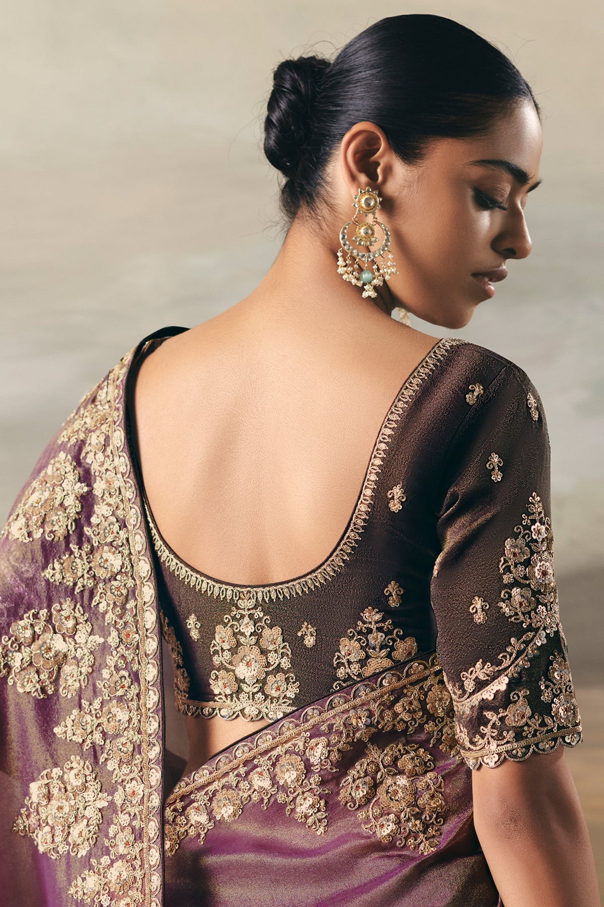 Brown and Purple Tissue Saree with Sequin and Embroidered Border - red saree embroidered