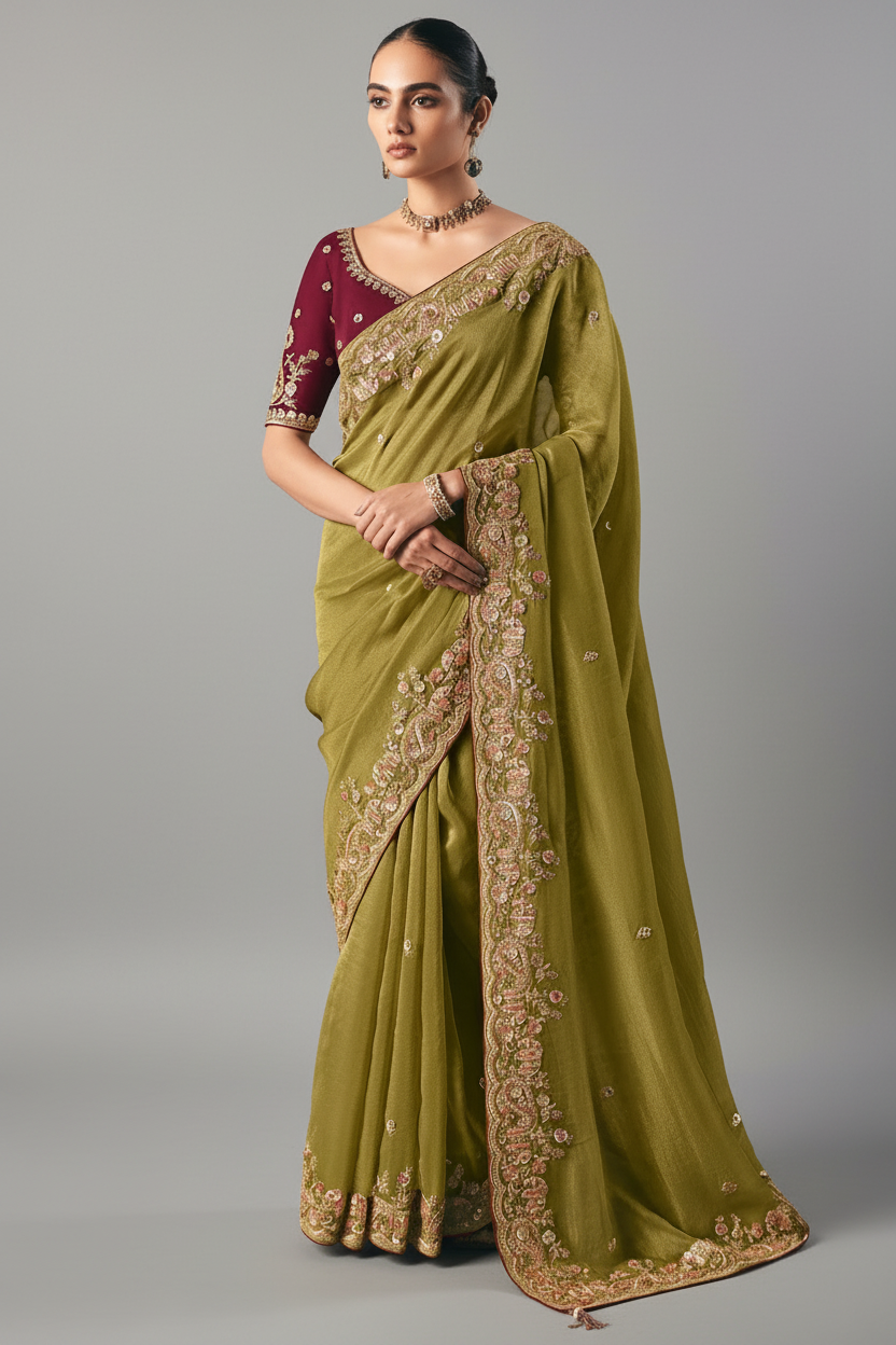 Olive Green Tissue Saree with Sequin and Embroidered Border