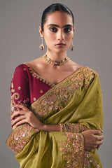 Olive Green Tissue Saree with Sequin and Embroidered Border